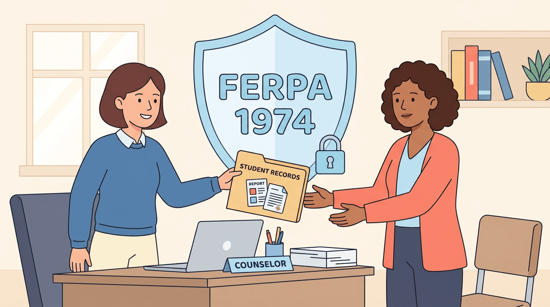 Counselor hands student records to a parent under a shield labeled FERPA 1974, symbolizing legal protection of the documents.