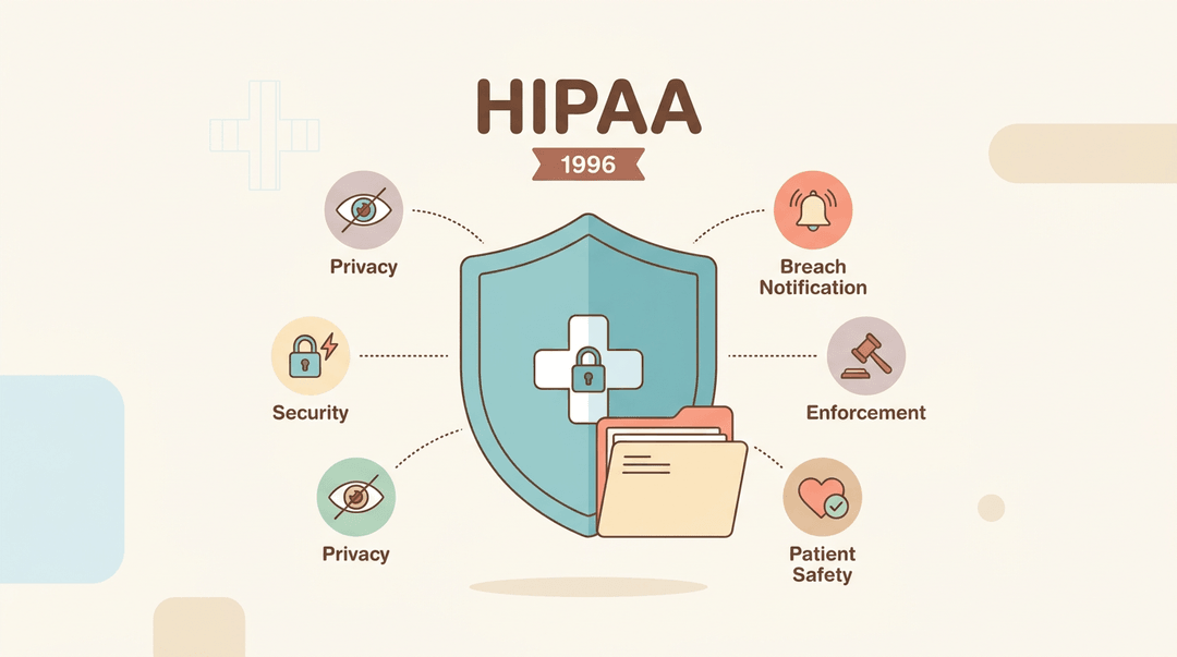 Shield icon with medical cross and padlock, surrounded by five badges representing HIPAA rules like Privacy and Security.