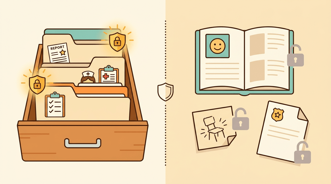 Glowing shield icons on protected student folders contrast with dim, unprotected private documents on a teacher's desk.
