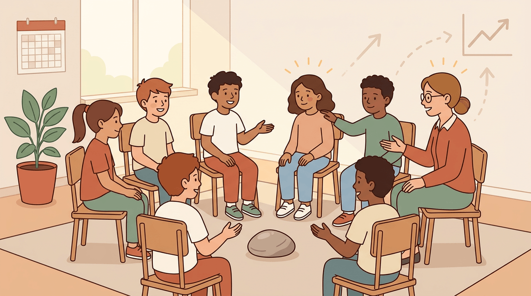 A teacher and diverse students sit in a circle on wooden chairs, holding a talking piece, with soft light and a growth graph above.