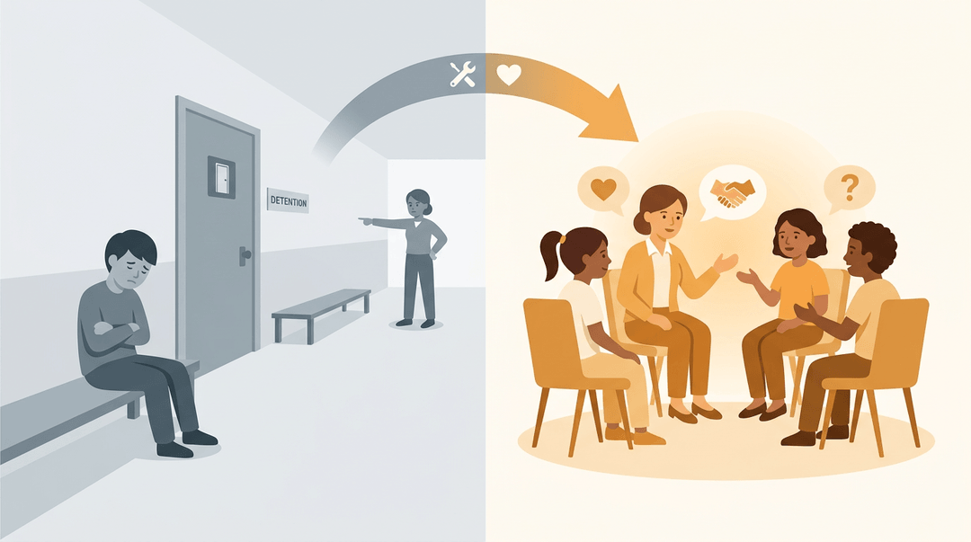 A vector illustration contrasting a student in detention with a restorative justice circle, symbolizing a shift from punishment to connection.