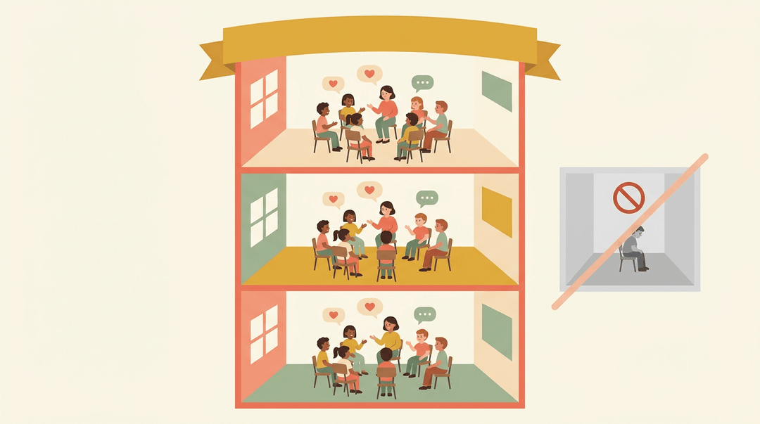 A cross-section of a school shows restorative circles in every classroom, while a faded isolation room is phased out.