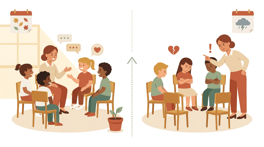 Two scenes illustrate proactive vs. reactive classroom management: an engaged early-year circle versus a tense, conflict-driven one.