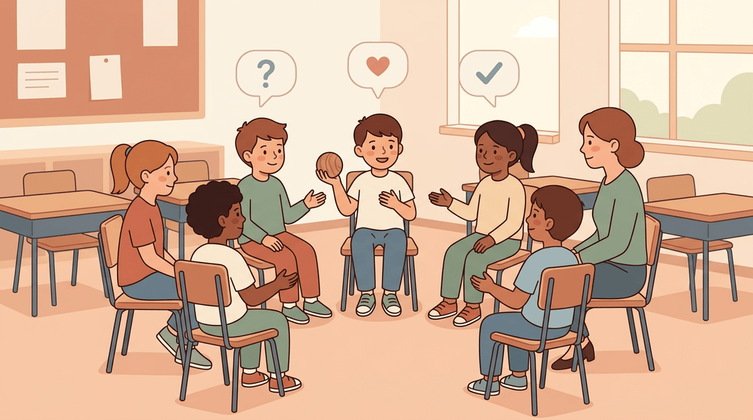 Elementary students and a teacher sit in a circle, engaged in a restorative justice discussion with a talking piece.