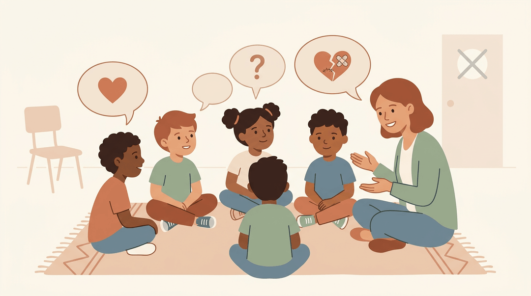 A diverse group of five students and one teacher sit in a restorative circle on a rug, with varied speech bubbles above them.