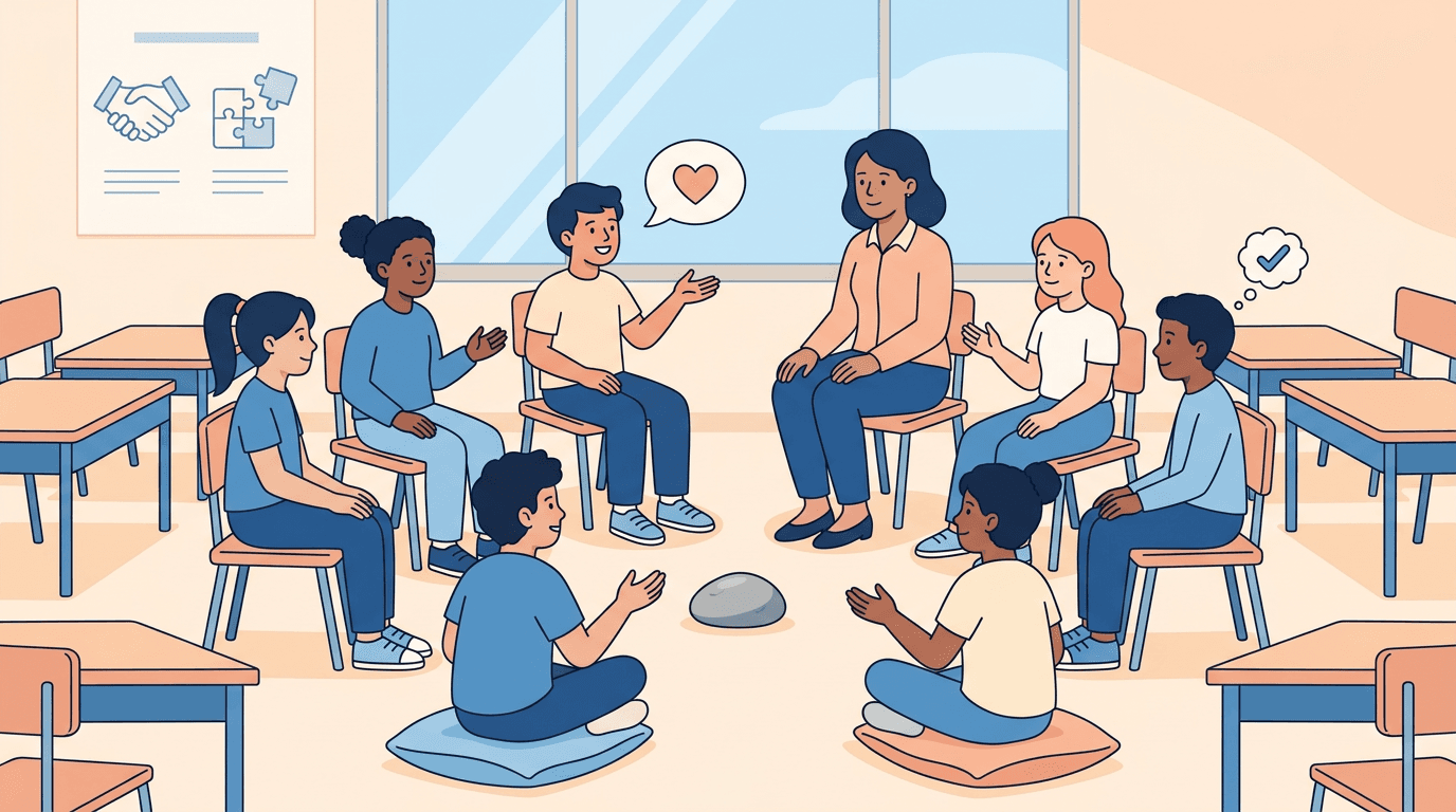 A diverse group of students and a teacher sit in a classroom circle, engaged in a discussion with a talking piece.