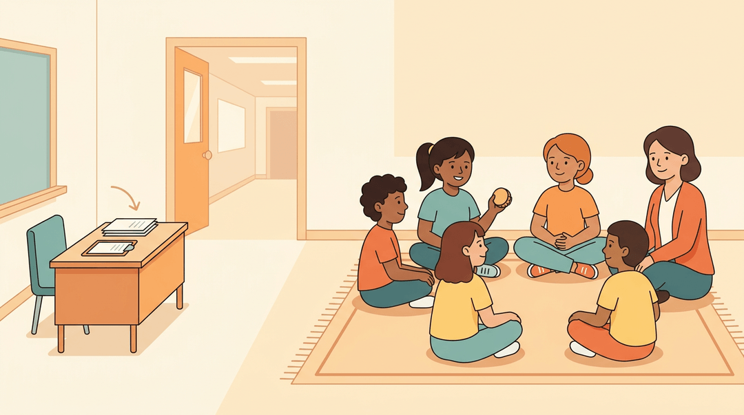 Five diverse students and a teacher sit in a calm circle on a rug, while a tidy teacher's desk with minimal papers sits nearby.
