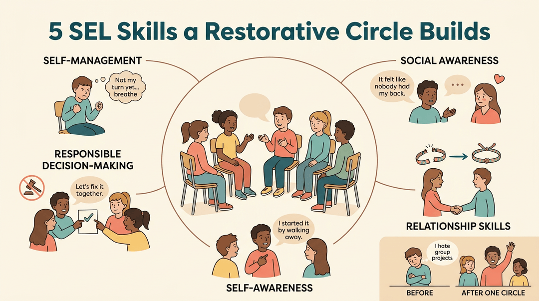 An educational illustration shows diverse students in a restorative circle, with vignettes depicting five SEL skills built.