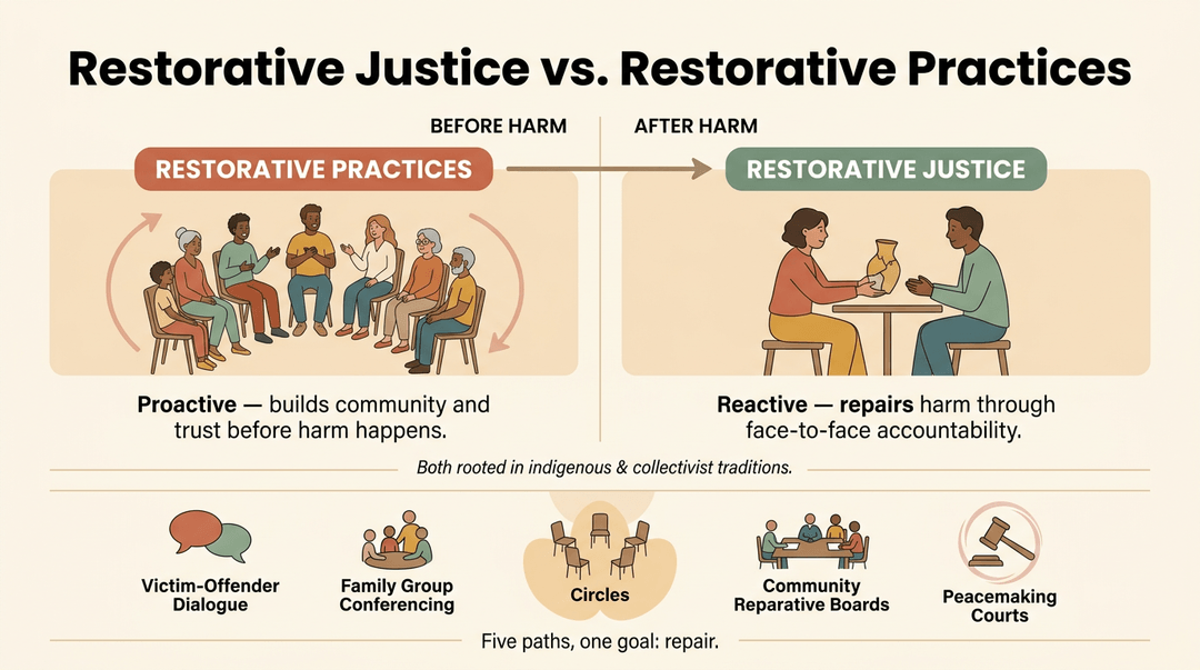 An infographic contrasts restorative justice and practices, showing proactive community building and reactive harm repair.