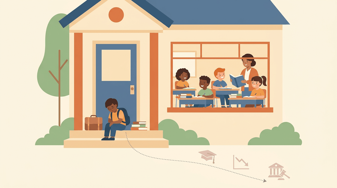 A sad child sits outside a school while happy students learn inside, showing the negative impact of exclusionary discipline.