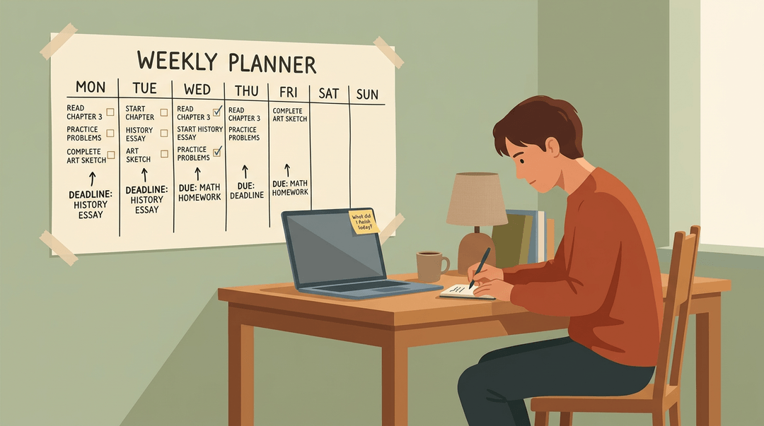 A student at home, focused on writing in a notebook, ignoring a laptop; a weekly planner with checkboxes hangs on the wall.