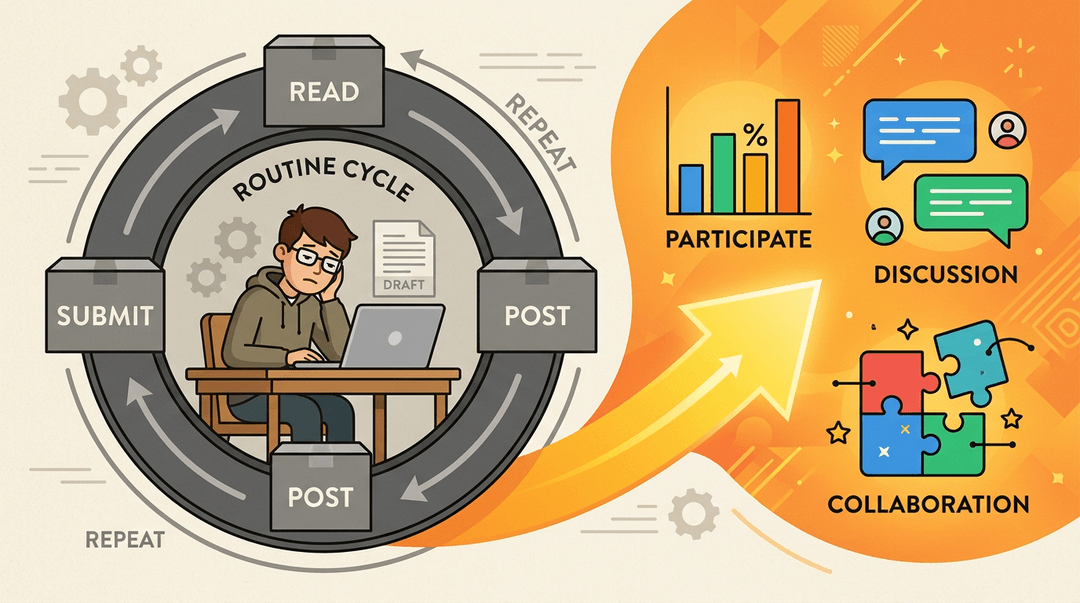 A tired student watches gray boxes on a conveyor belt, while a bright arrow points to colorful icons for engagement.