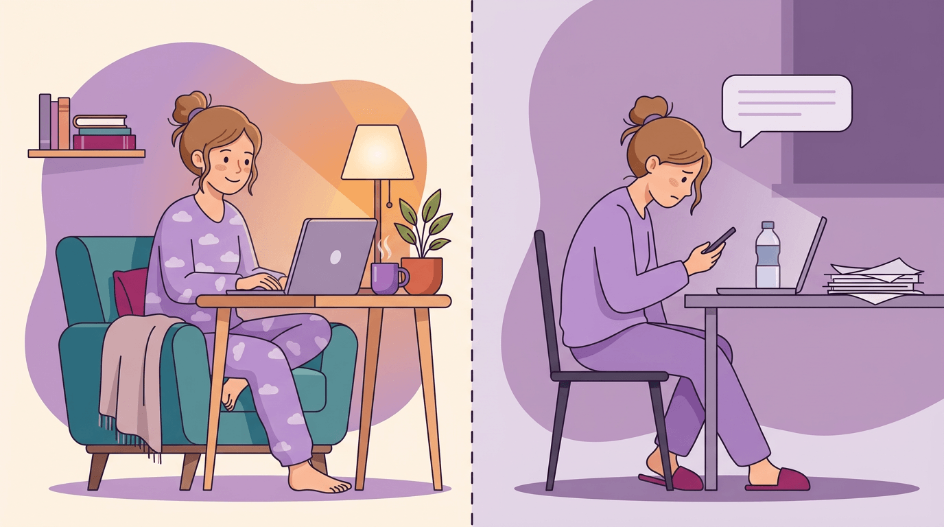 A student shown in a split scene: left, smiling at a laptop at home; right, distracted by a phone, feeling isolated.