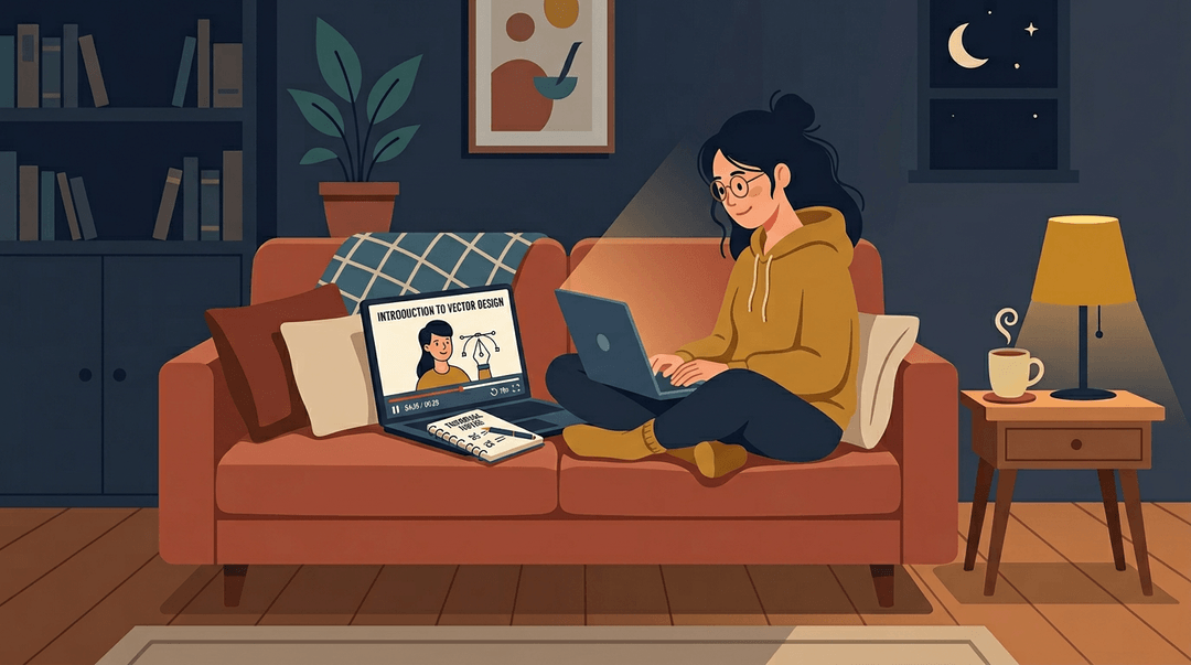 A person sits on a couch at night, laptop glowing with a tutorial, mug nearby, and a notebook for learning.