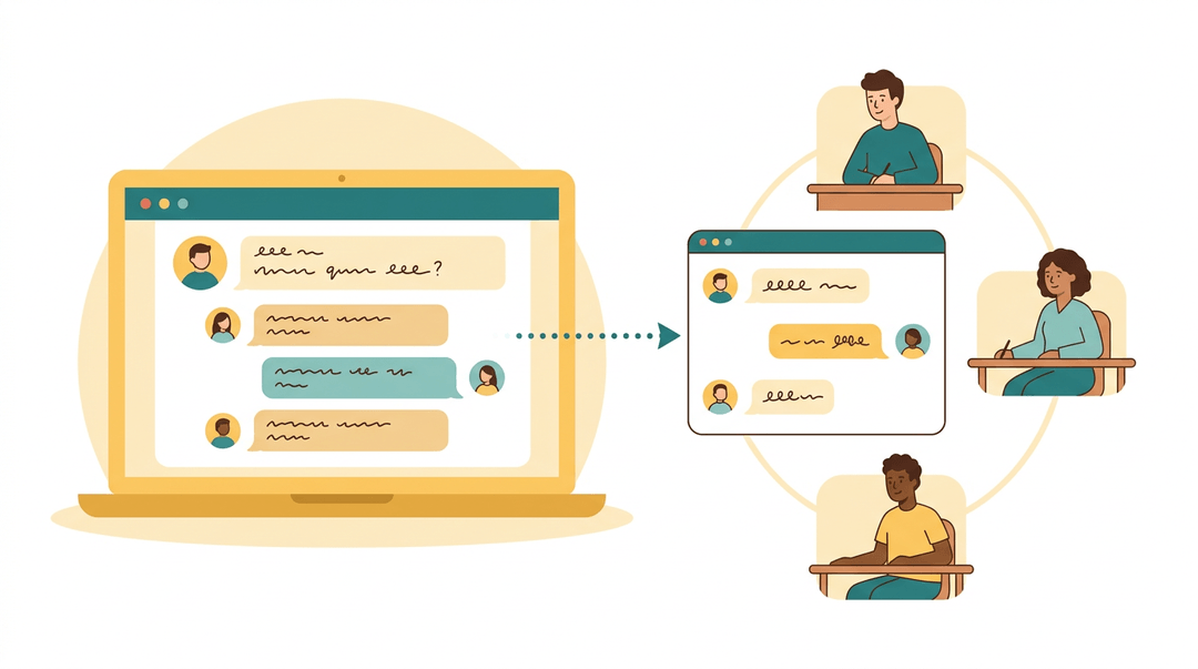 A laptop displays an online forum, visually connected to a group chat window and three students digitally collaborating.