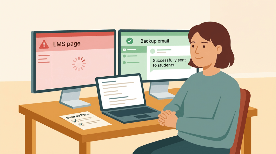 A calm teacher at a desk with dual screens and a