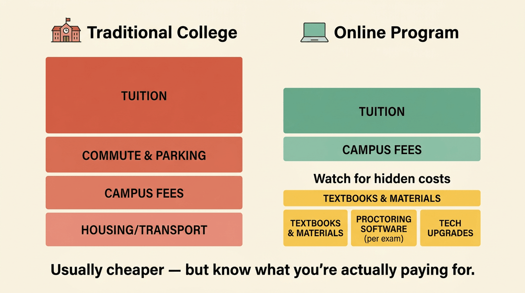 A side-by-side comparison of college costs, showing traditional college expenses as red-orange bars and online program costs as green-teal bars.