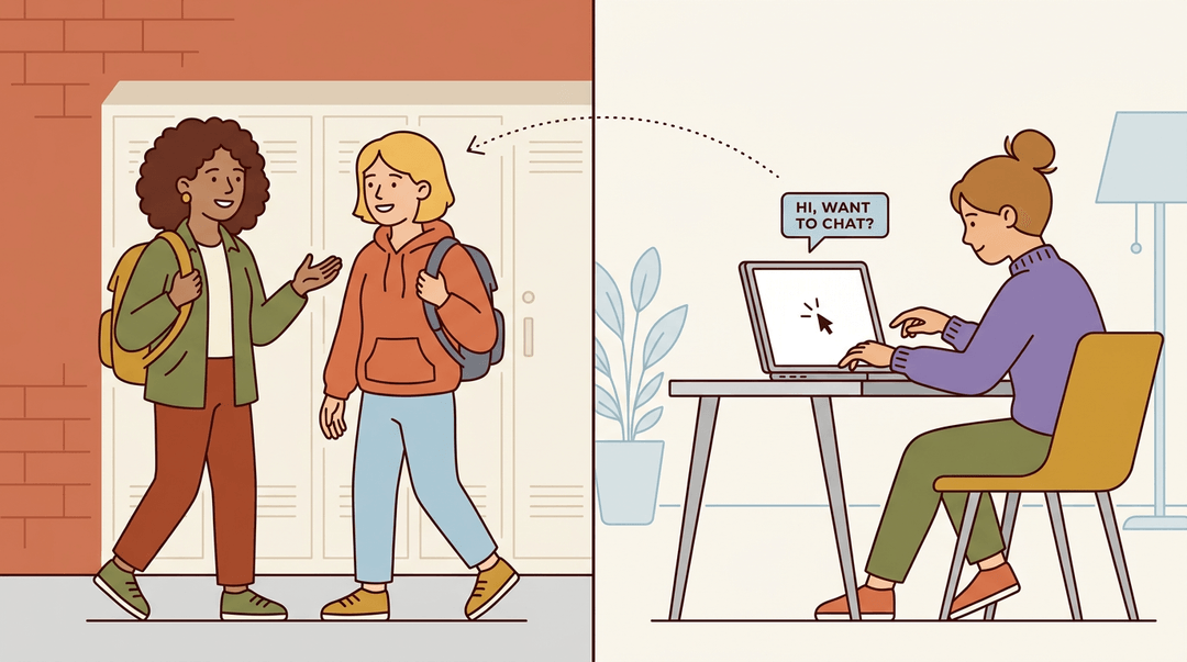 Two students chat in a hallway, while another at a desk types on a laptop, connecting online with others.