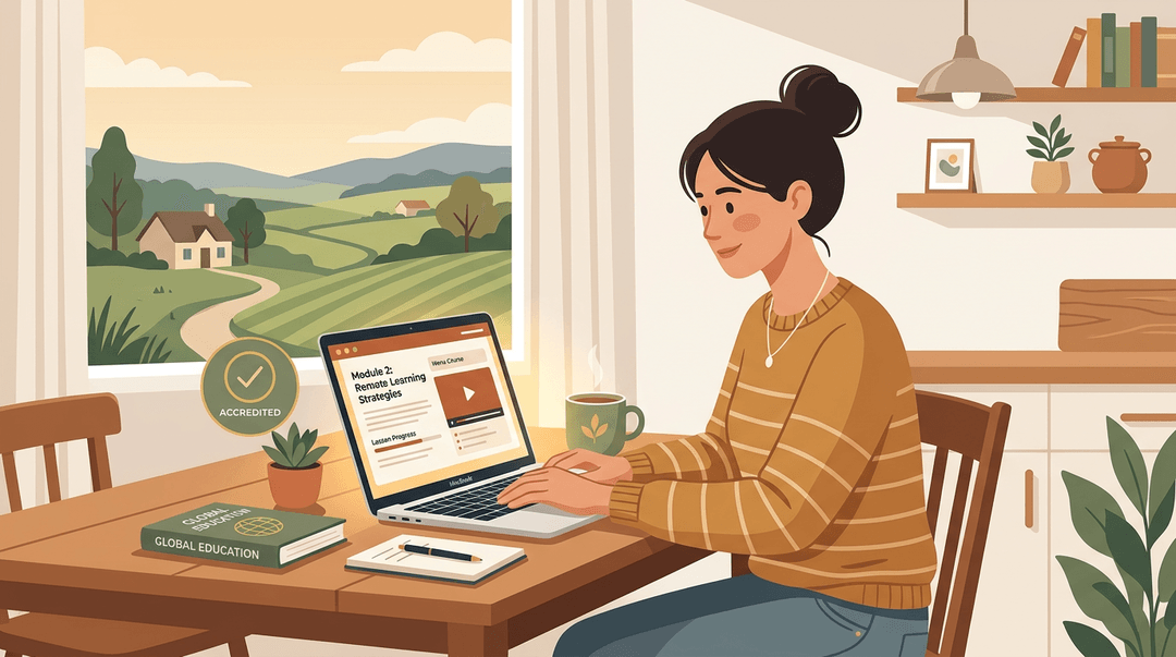 A teacher works on a laptop at a kitchen table, with a coffee mug nearby and a rural landscape visible outside.