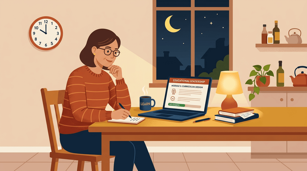 A teacher works on a laptop at her kitchen table late at night, a coffee mug nearby and a crescent moon visible outside.