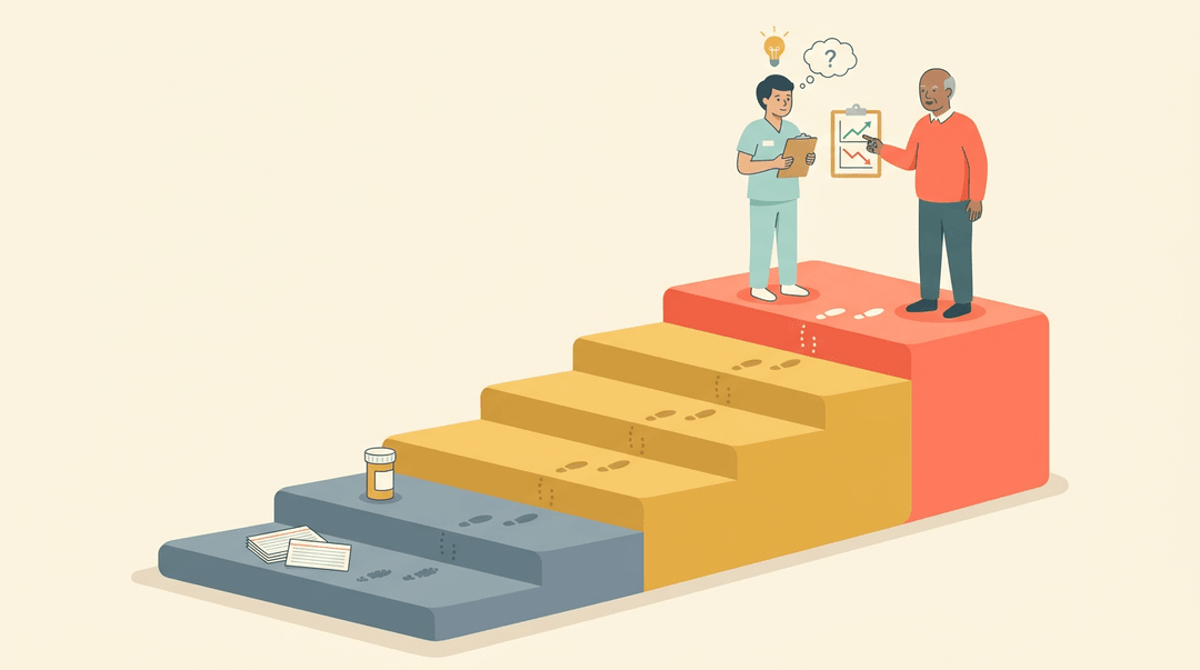 A student and tutor on a staircase climb from rote memorization to critical thinking, represented by rising steps and active reasoning icons.