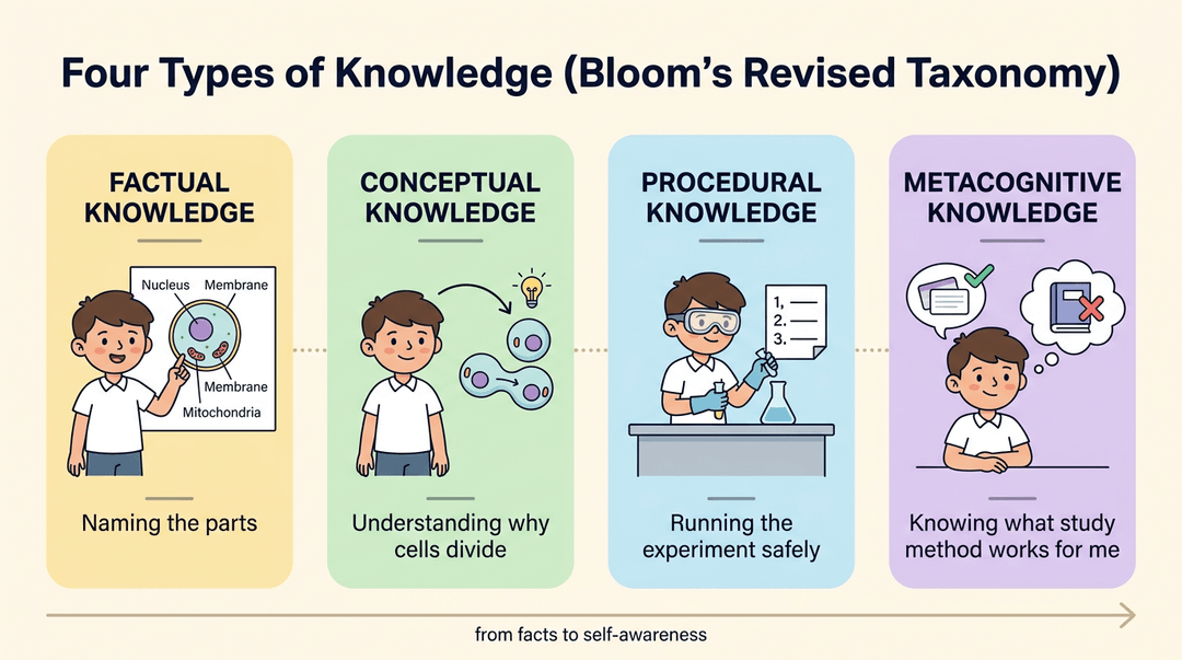 A chart showing Bloom's Taxonomy levels: factual, conceptual, procedural, and metacognitive knowledge, illustrated with a student learning cell biology.