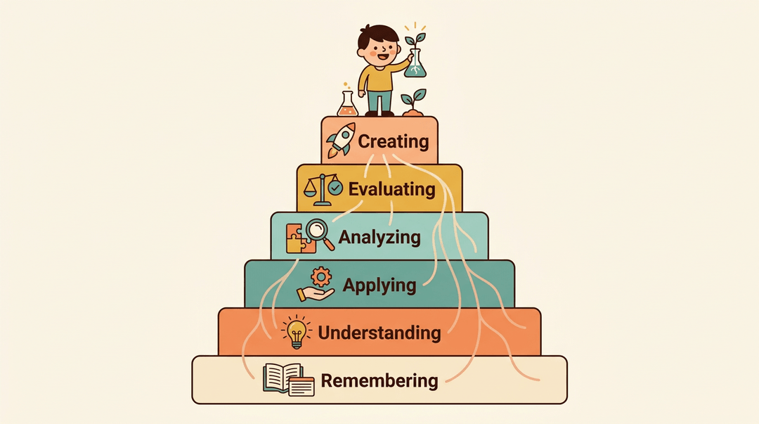 Bloom's Taxonomy pyramid shows six thinking levels, from Remembering to Creating, with a student at the top holding an experiment.
