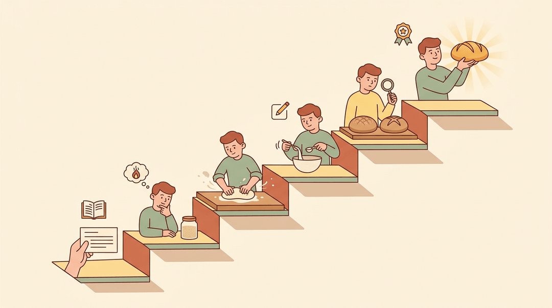 A staircase of six steps shows a baker's journey from reading recipes to mastering bread baking.