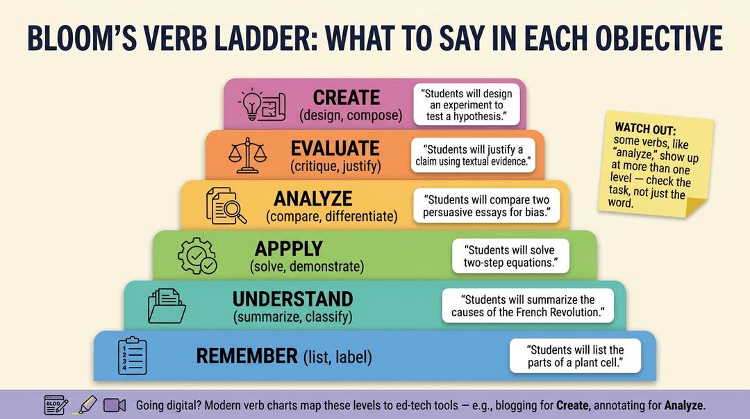 Infographic showing Bloom's Verb Ladder from Remember to Create with icons, verbs, and examples.