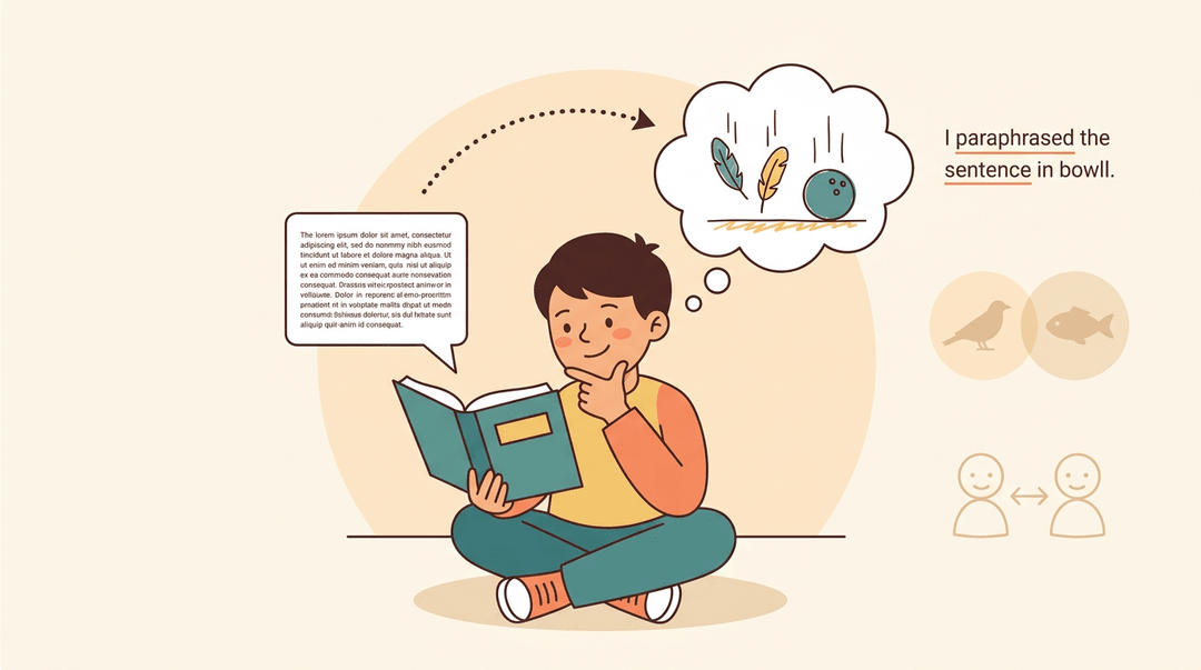 A student transforms textbook text about gravity into a personal doodle of falling objects, surrounded by icons for paraphrasing and comparing.