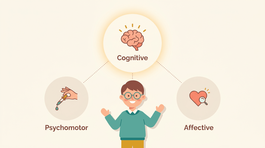 A student is surrounded by three circles: a large glowing 'Cognitive' circle above and two smaller, dimmer 'Psychomotor' and 'Affective' circles below.