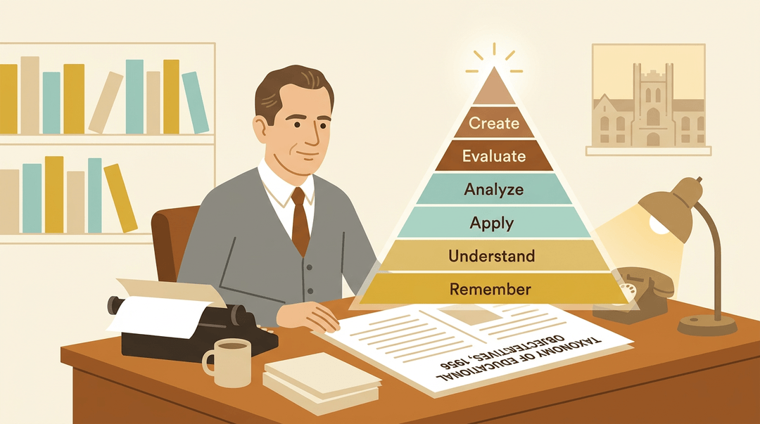 Benjamin Bloom sits at his desk with a pyramid diagram of his six educational objectives rising from his papers.