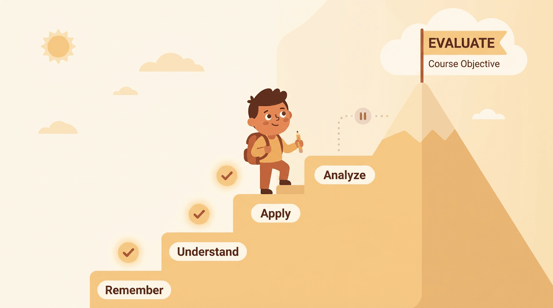 A student climbs four labeled steps toward a peak marked 'Evaluate,' illustrating the difference between lesson and course objectives.