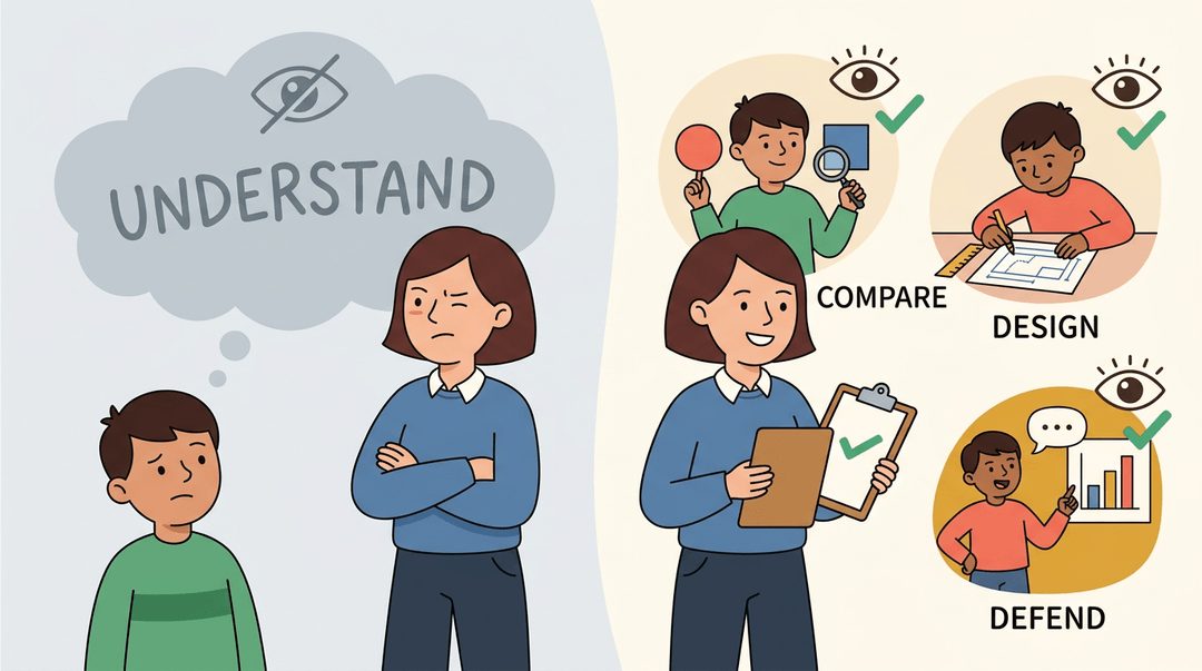 Teacher contrasts confusion over vague understanding with clear observation of students comparing, designing, and defending work.