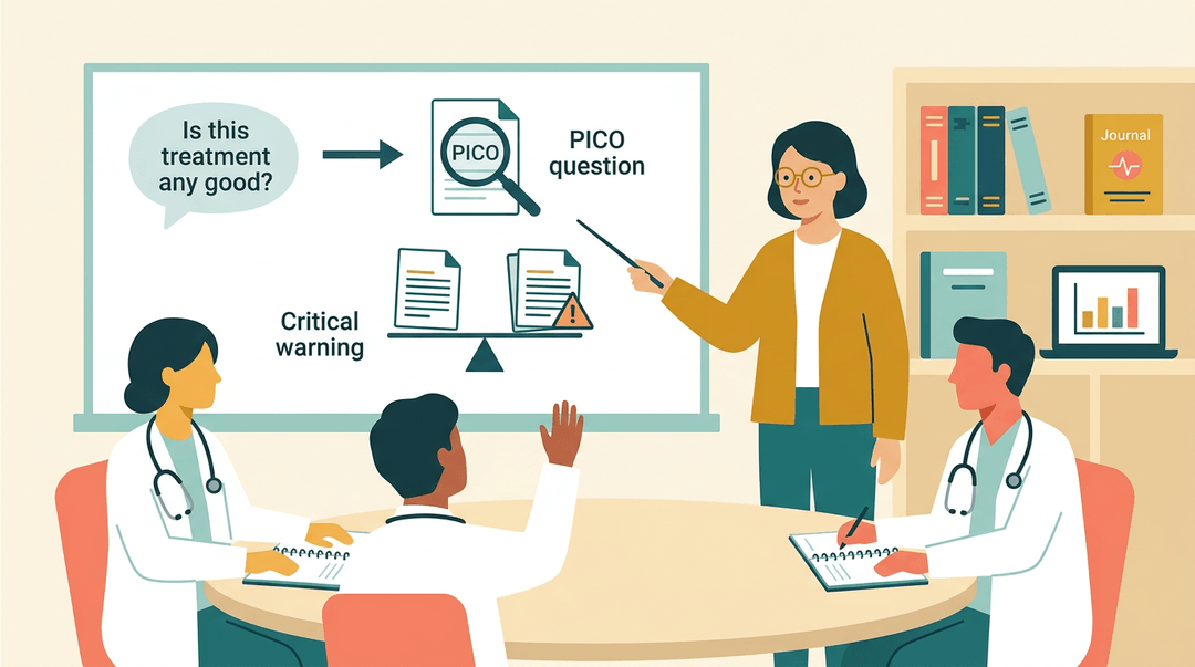 A librarian teaches clinicians to use PICO questions and critical appraisal scales for evidence-based medical practice.