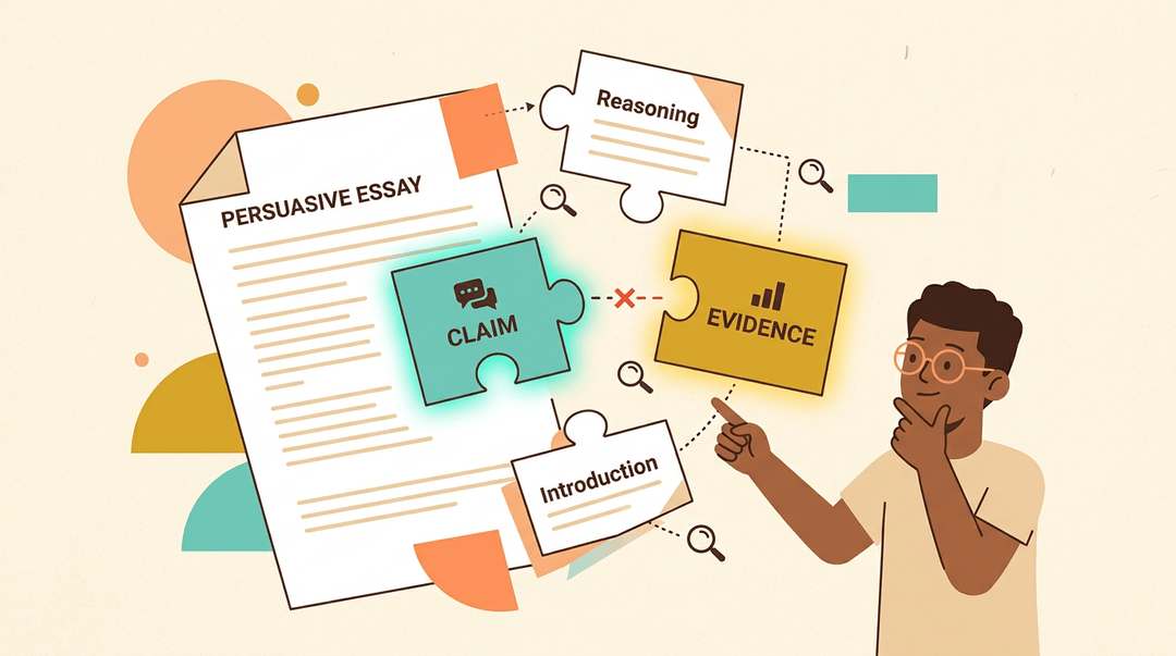 Student analyzing a persuasive essay, pointing to a broken logical link between claim and evidence.