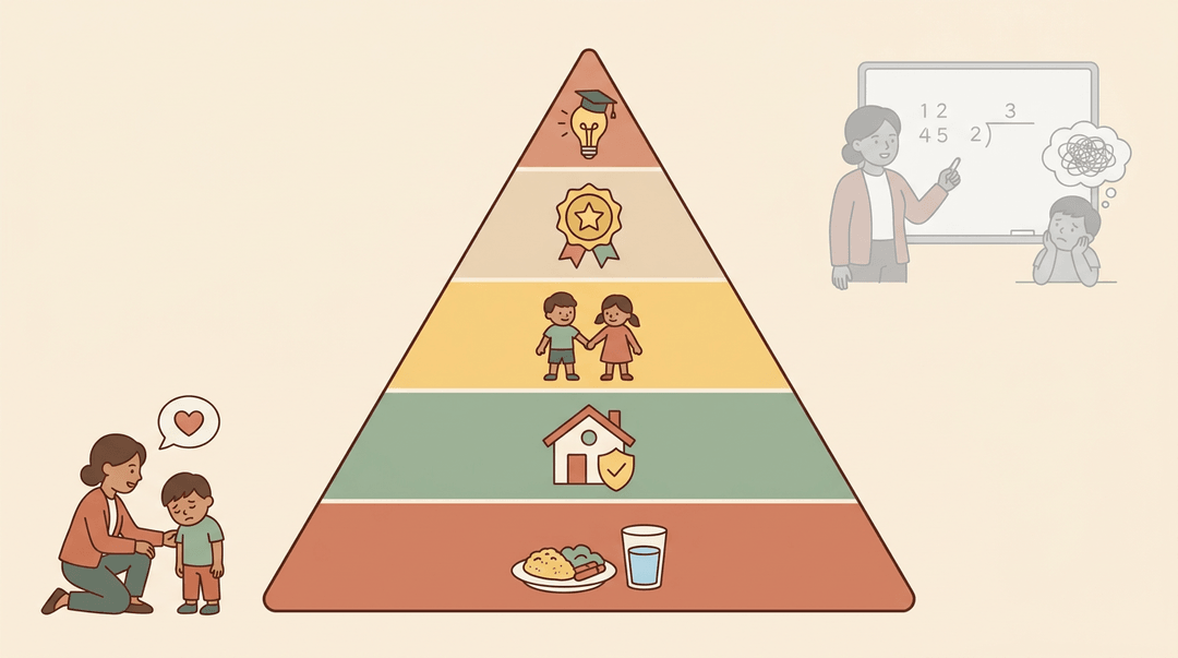 Pyramid of needs with teacher supporting a student versus distracted learning, showing basic needs must be met first.