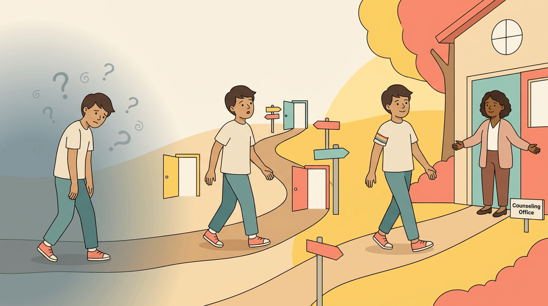 A student moves from confusion to confidence, guided by a counselor into a welcoming school.