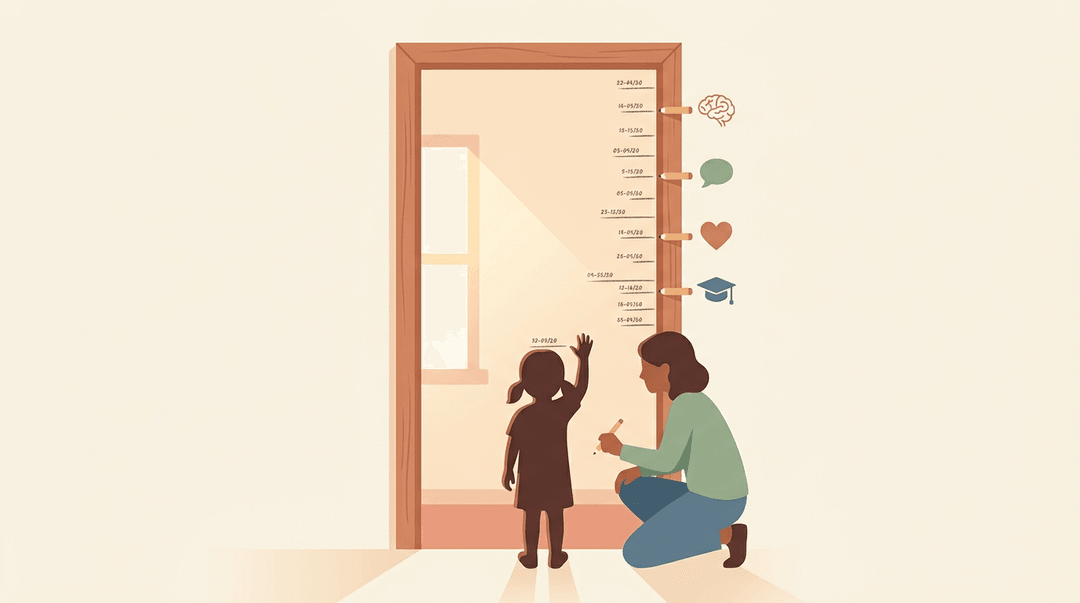 A child is measured on a doorframe marked with dates and icons representing growth, while an adult kneels beside them.