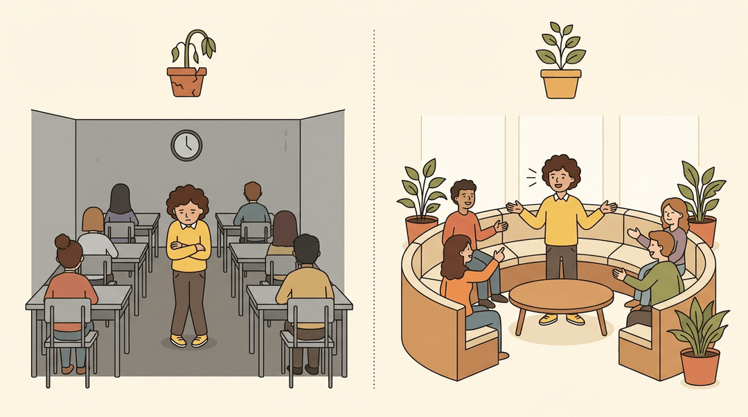 Student hunched in a cramped classroom versus standing tall in a bright common area, illustrating how environment shapes behavior.