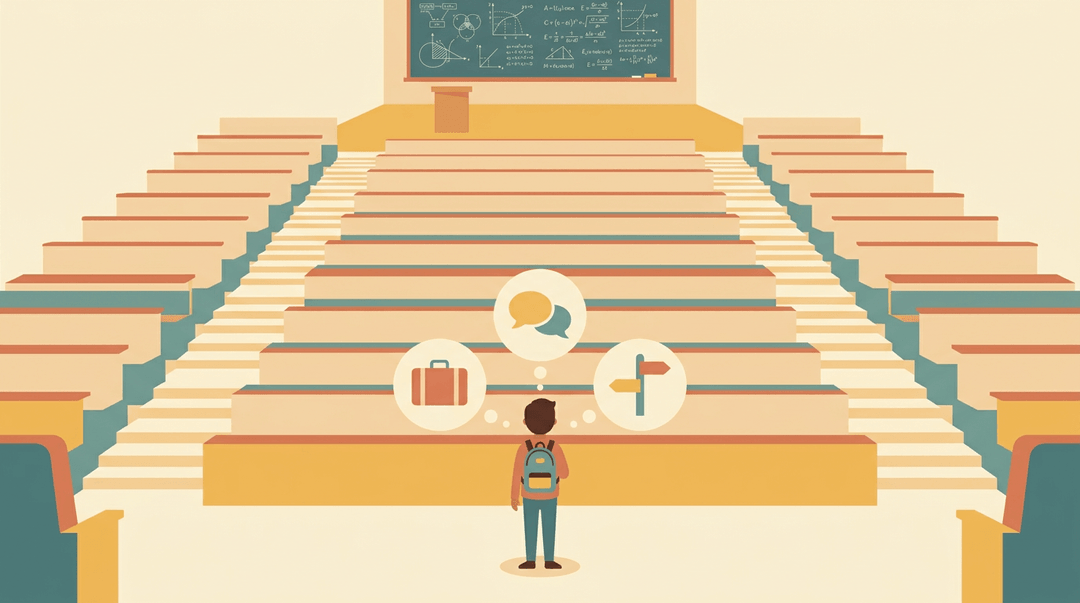 A tiny student faces a massive, empty lecture hall with floating icons symbolizing college transition pressures.