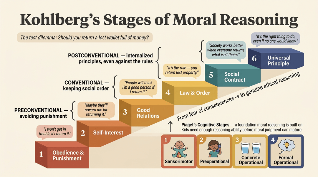 Infographic of Kohlberg's six moral reasoning stages shown as a staircase, built on Piaget's cognitive development blocks.