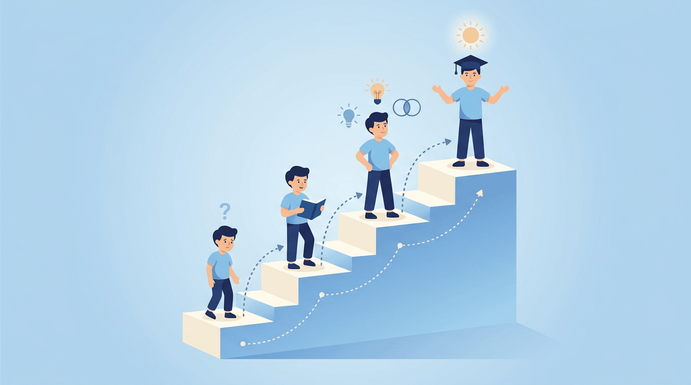 A student grows up a blue staircase, from hesitant to confident graduate, symbolizing educational development.