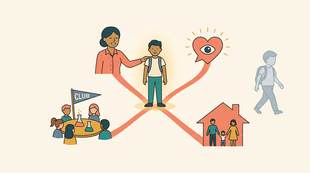 A rooted student connected to teacher, peers, self-worth, and family supports, while an isolated peer drifts away without them.