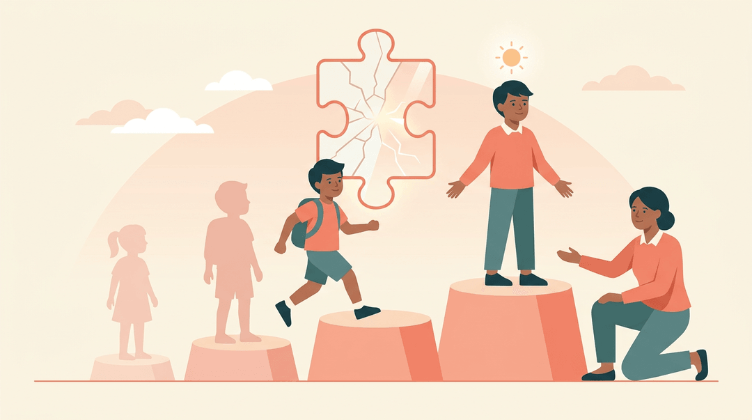 Student walking up stepping stones toward self-understanding while a teacher meets them at their level.