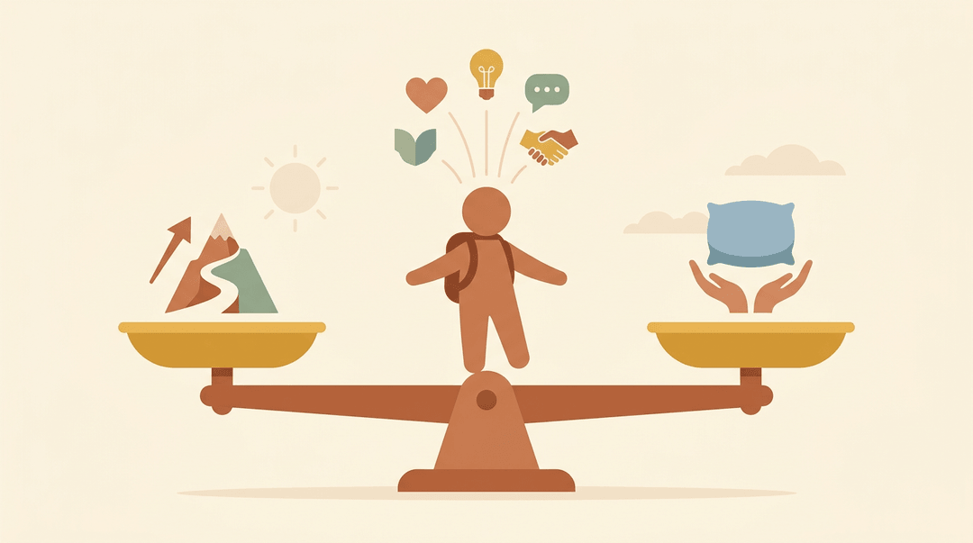 A student balances a scale between a challenge icon and a support cushion, surrounded by symbols of holistic growth.