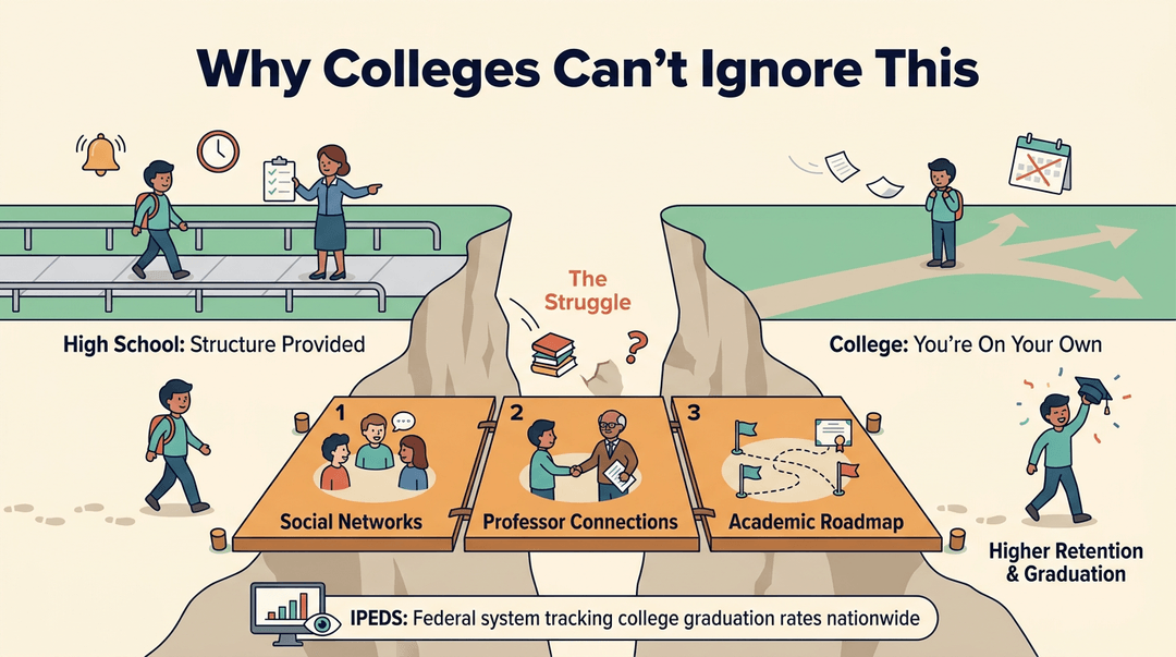 An infographic showing students bridging the gap between structured high school and independent college life using social, academic, and faculty connections.
