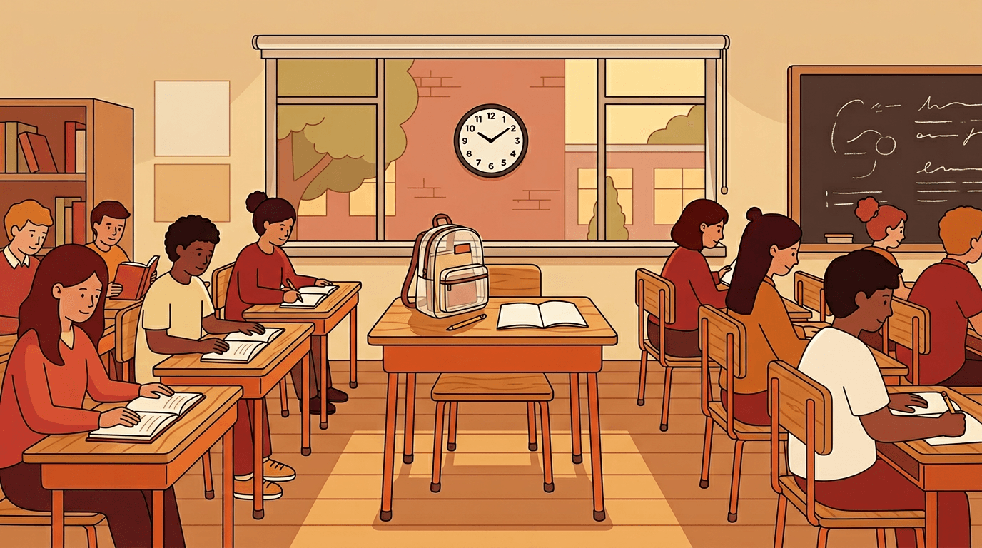 An empty desk and chair sit in a bright classroom with other students present, a clear backpack and pencil on the desk.
