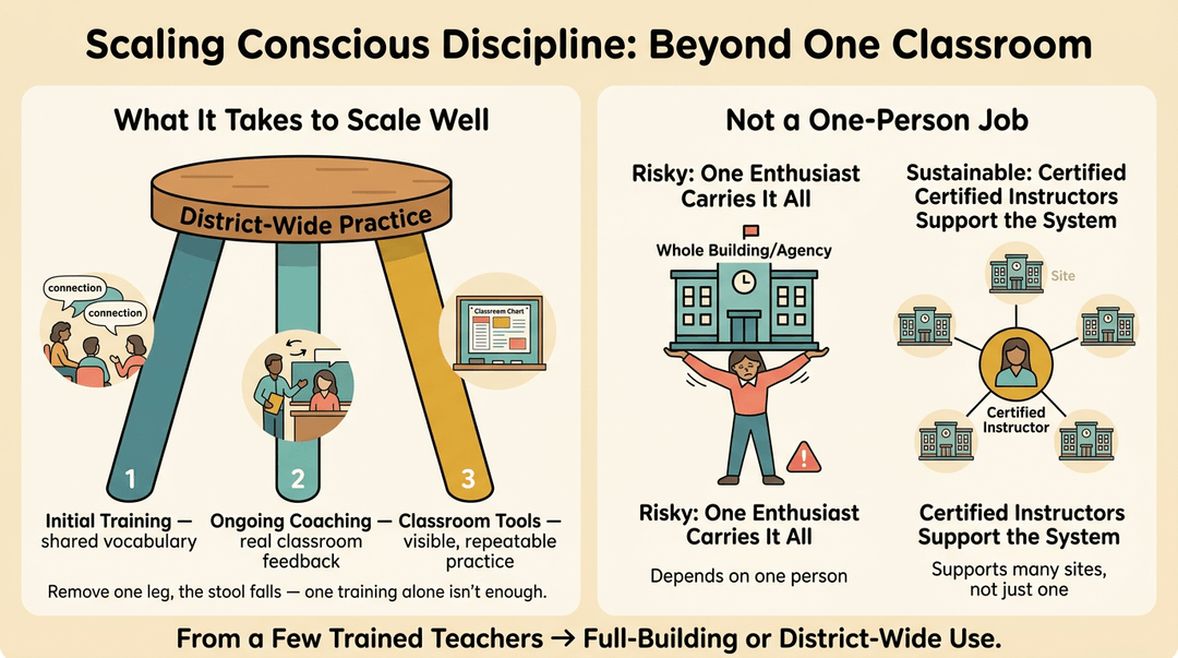 An infographic illustrates scaling Conscious Discipline with a three-legged stool for district-wide practice and a comparison of risky one-person efforts versus sustainable certified instructor support.