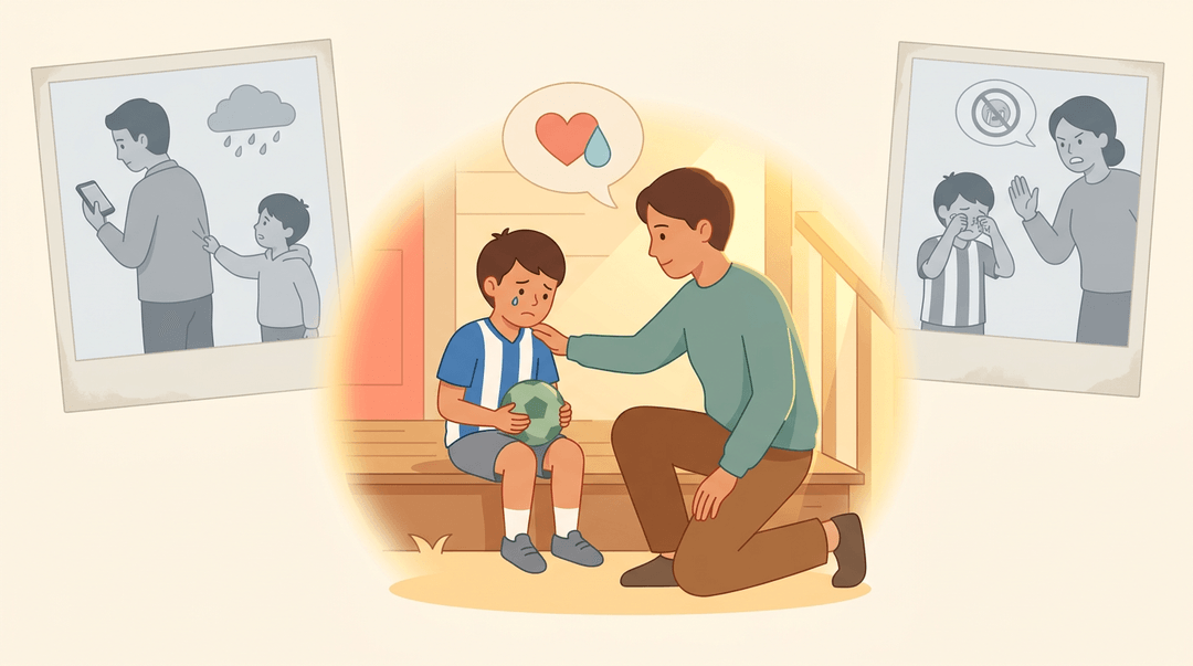 A parent kneels to comfort a sad child holding a deflated soccer ball, contrasting with small faded vignettes of less empathetic reactions.
